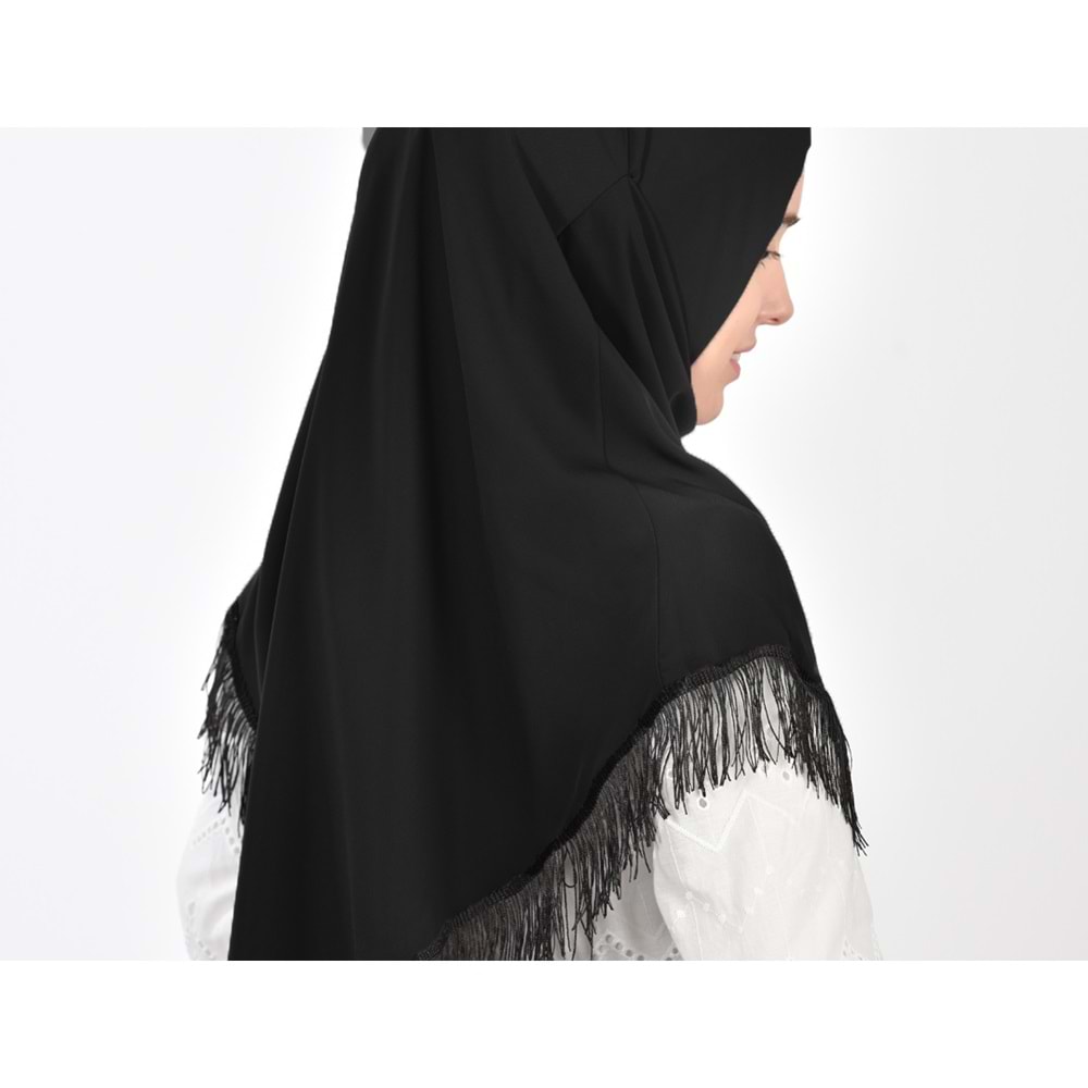 AKILLI BAĞCIKLI PEÇE EŞARP, OVAL (PÜSKÜLLÜ) - SİYAH - M